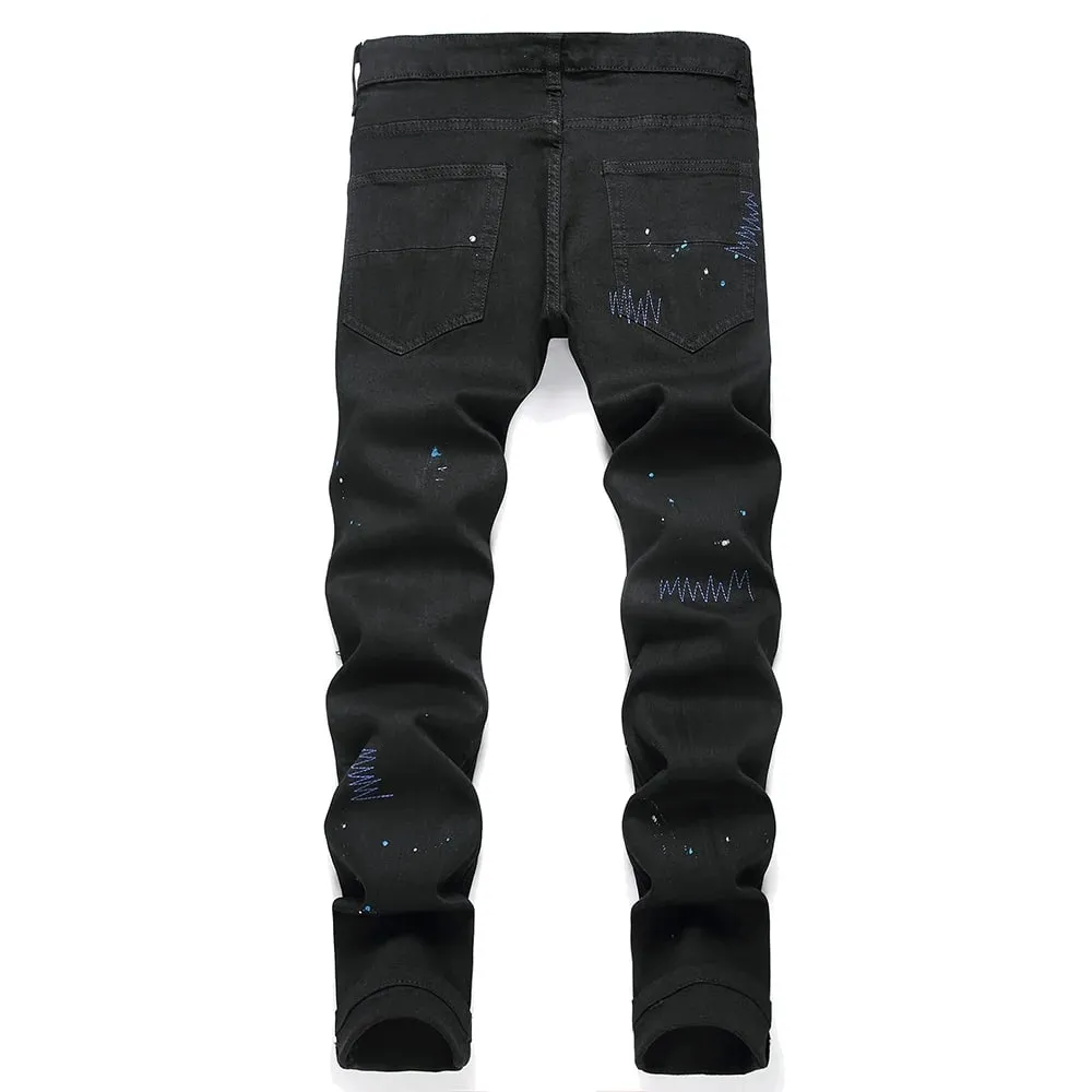 2026 New Men's Fashion Crystal Cross Stretch Denim Jeans Holes Ripped Distressed Black Pants Embroidery Slim Tapered Trousers — image 10