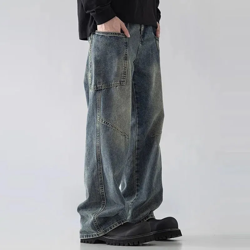 Korean Style Large Pocket Workwear Jeans Retro Blue Men'S Baggy Jeans Straight Leg Pants Casual Wide Leg Pants Casual Pants — image 5