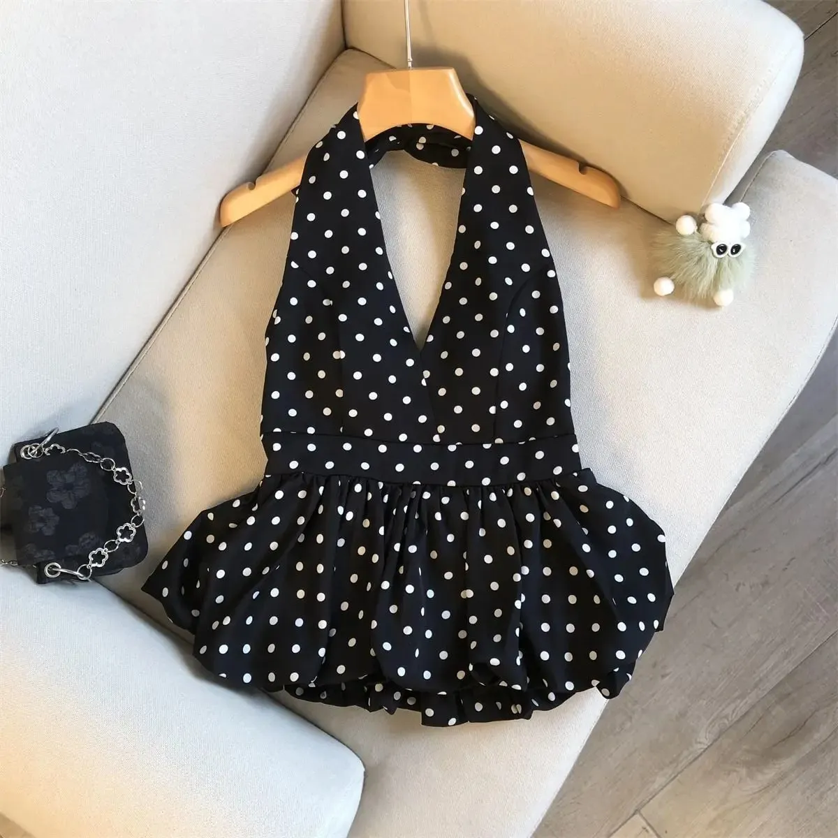 Backless Sexy Halter Beach Babydoll Crop Tops Women Polka Dots V neck Sleeveless T shirt Ruffles Basic Basic Tees Casual New — image 9