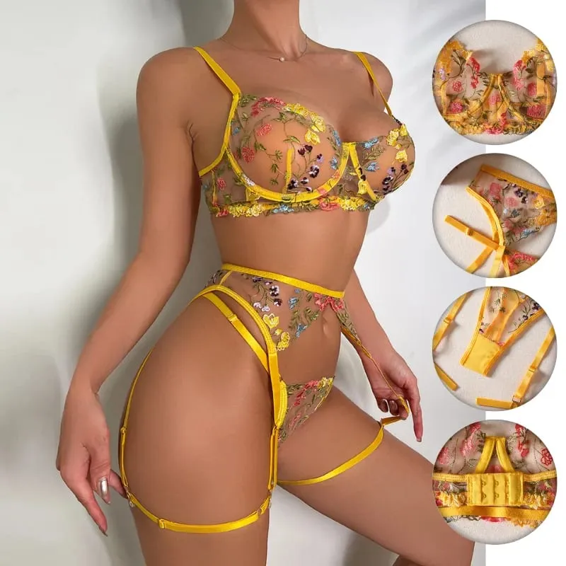 Rensning Slumpmässig färg Sexiga underkläder Set 3 st Blommig broderi Skir spets BH Strumpeband Bälte Trosa Intim Underkläder Kit — image 2