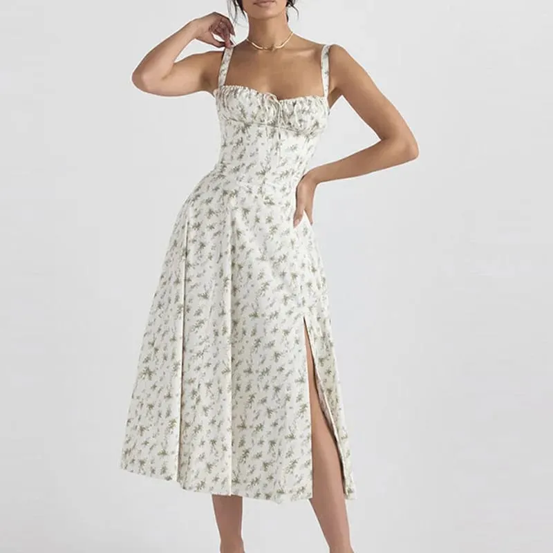 Women Summer Dress 2024 Fashion Floral Print Halter Sling V Neck Bra Sleeveless Gentle Woman mid-calf Dresses Vestidos GHH24128 — image 11