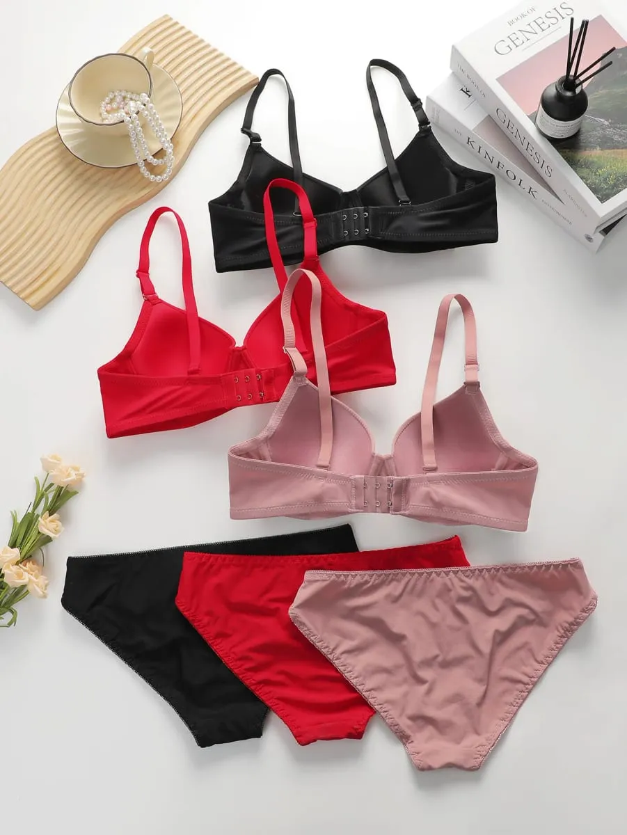 Solid Underwire Lingerie Set Underwear Panty Sets Women Push Up Bra with Steel Ring Intimates Underwear Suit