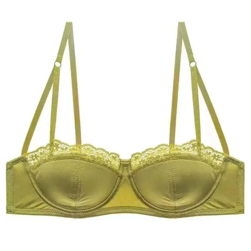 European -American sexy satin half cup comfortable upper support underwear set thin with steel ring green lace edge glossy bra