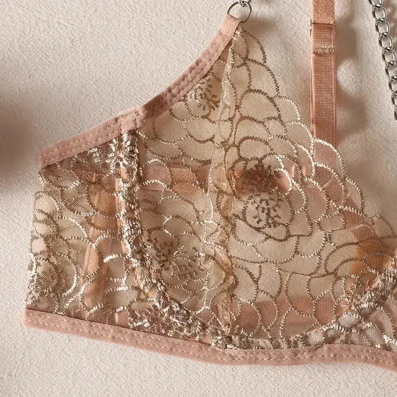 Bra + Panties + Garter + Hemline New Lace Transparent Push Up Lingerie Sets For Women Sexy Sleep Hollow Out Chain Underwear — image 4