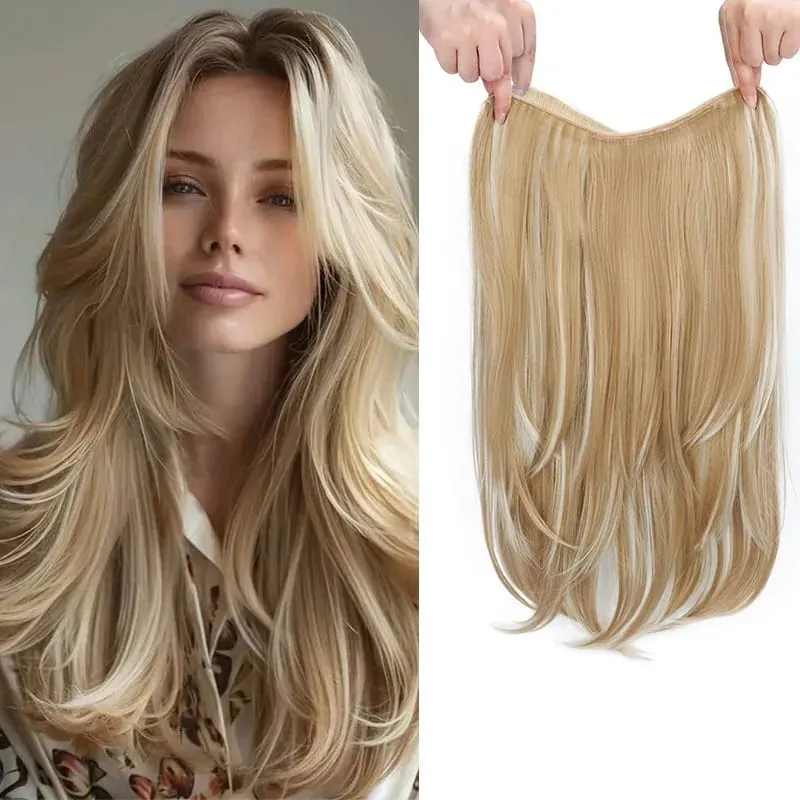 22 Zoll synthetische lange gerade geschichtete Clip-in-Haarverlängerung V-förmiges schwarzblondes unsichtbares Haarteil für Frauen