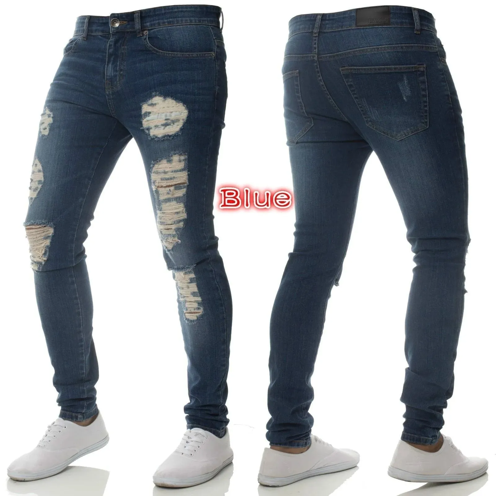 Men High Waist Black Ripped Skinny Jeans Fashion Hole Design Trendy Casual Denim Long Trousers — image 5