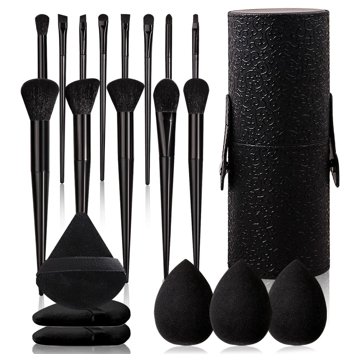 Black 20-Piece Makeup Tool Set: 13 Makeup Brushes +3 Pieces of Beauty Eggs +3 Pieces of Powder Puff +1 Piece of Storage Bucket — image 1
