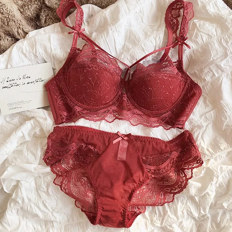Lace ultra-thin big breasts bra with panties women sexy push up lingerie anti-sagging gathered laides underwear set — image 2