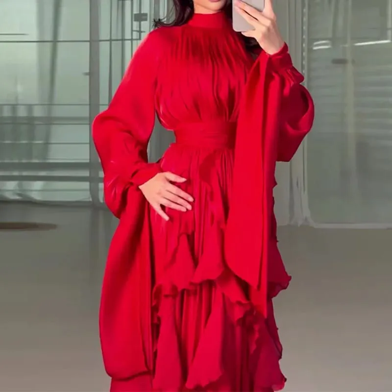 Fashion High Waist Pleat Party Dress Lady Casual High Collar Layered Banquet Dress Elegant Long Sleeve Solid Color Evening Dress — image 4