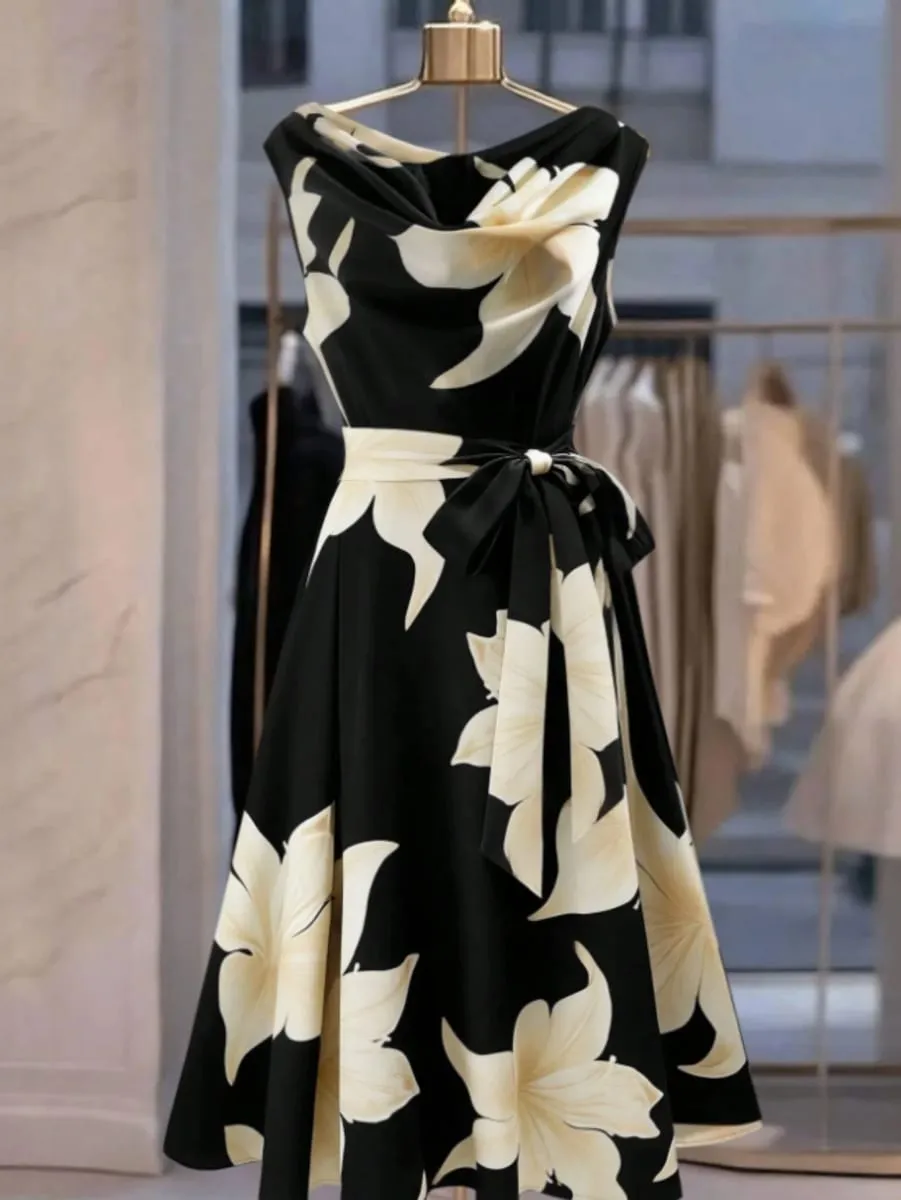 Women's Retro French Stripe Dress with Sash Tie Waist Sleeveless Gown Vintage Style Garment — image 4