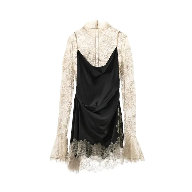 Elegant Women's Lace Trim Satin Dress High Neck Bell Sleeve Vintage Black Party Clubwear Chic Cocktail Mini Dresses Chic Outfit