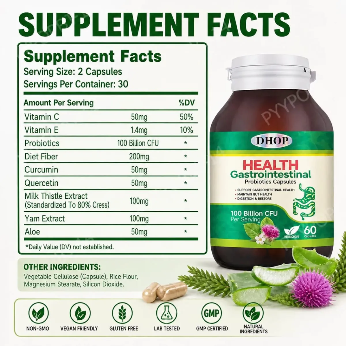 Gastrointestinal Probiotics Capsules Support Gut Health with Vitamin C and Vitamin E Diet Fiber 100 Billion CFU 60 Capsules — image 2