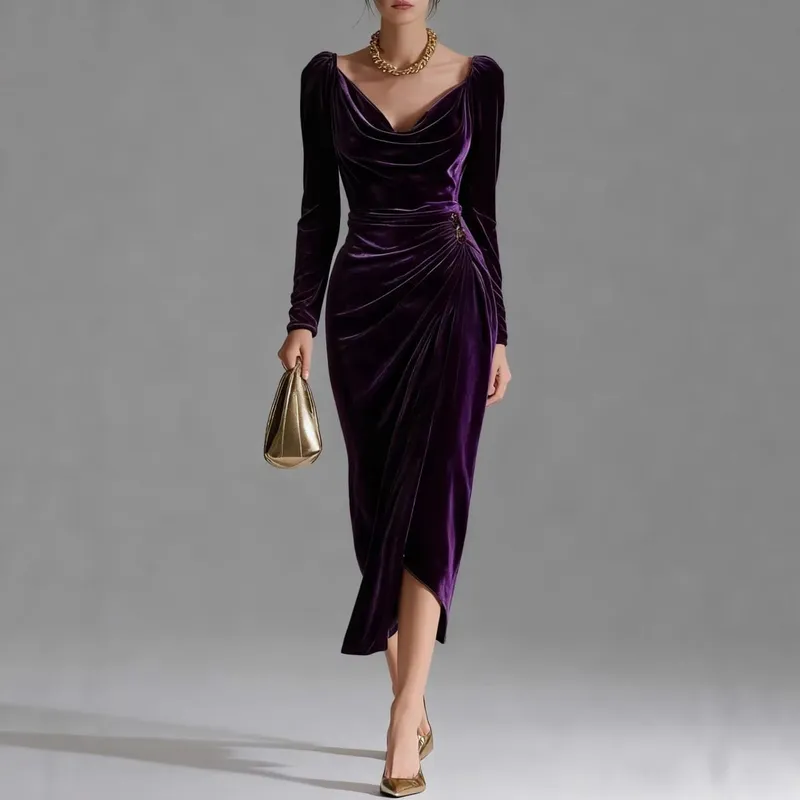2025 Women's European & American Fashion Leisure Velvet Sexy New Long-sleeved Slimming Pleated Long A-line Split Bodycon Dress — image 2