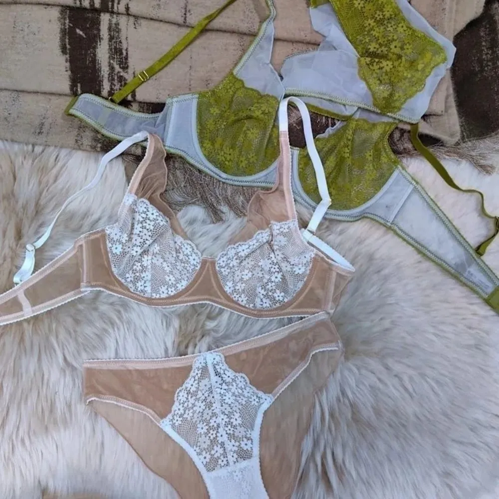 Sweet Mesh Lace Flower Bra Set Lingerie Brassiere Mesh Bra Panties Kit Thin Seamless Push Up Bra Women Lady — image 4
