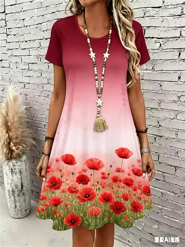 Short Sleeve Floral Pattern Women Mini Dresses Summer 3D Flower Printed Ladies Street Dress 3XL Plus Size Loose Casual Dress