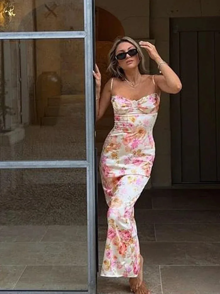 Suninheart Yaz Spagetti Kayışı Çiçek Baskı Parti Elbiseler Zarif Maxi Bodycon Düğün Konuk Tatil Elbise Yeni Elbise 2023 — image 3
