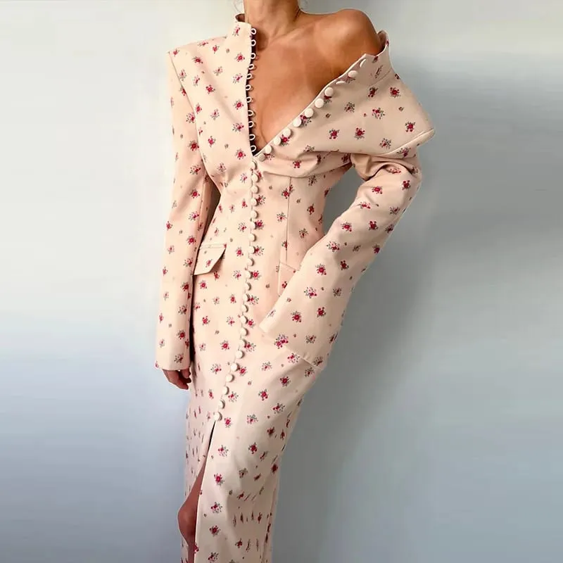Elegant Women's Printed Buttons Short Dress Waist Cinched Shoulder Pads High Collar Dresses 2026 Autumn Lady Holiday Party Robes