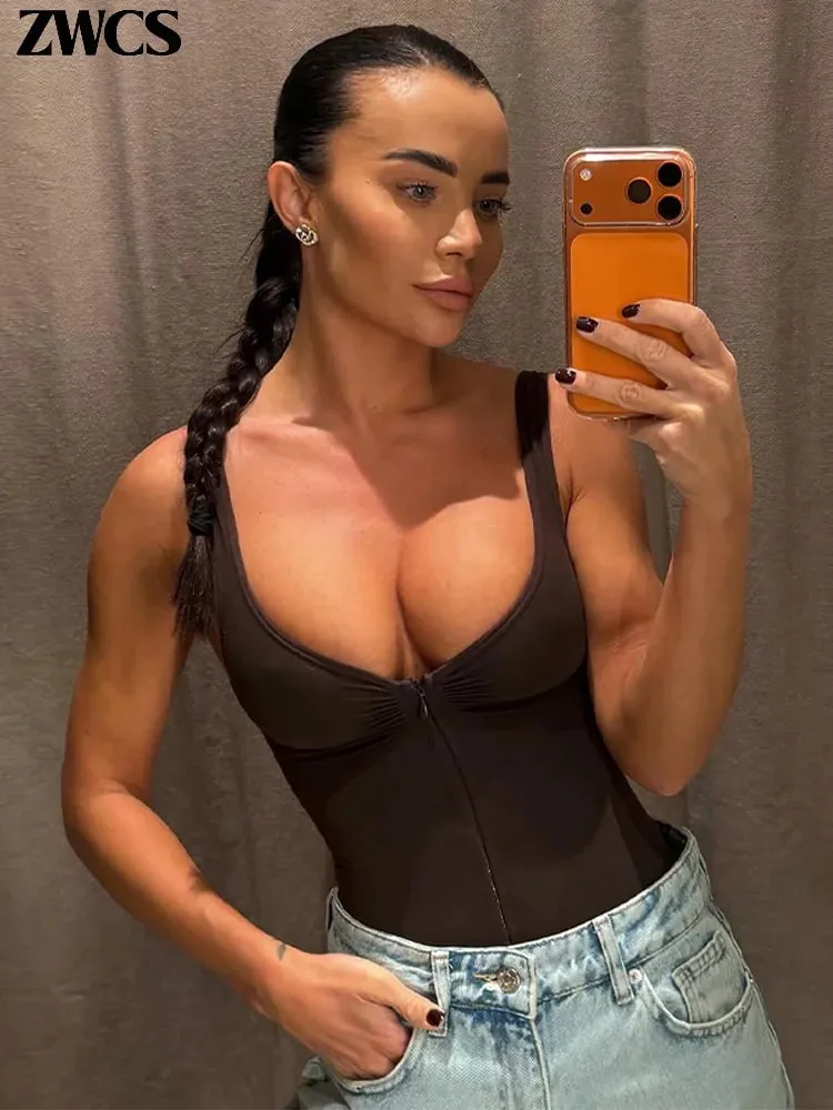 Sexy Tight Corsets Bodysuit For Women Deep V-neck Zippers Sleeveless Slimming Underwear 2026 New Lady Solid Backless Rompers — image 4