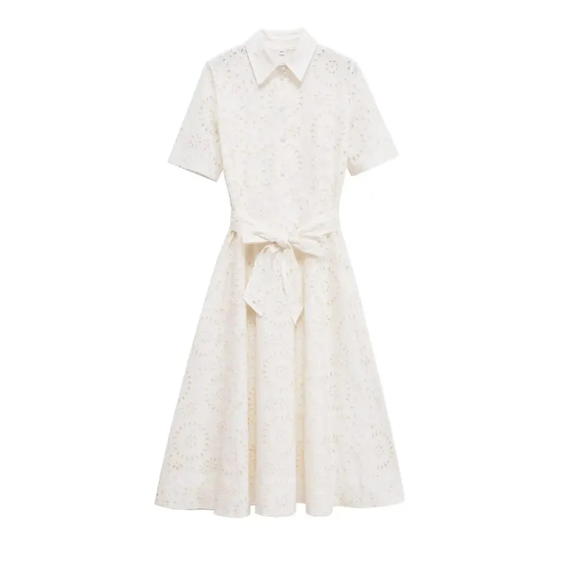 ETJ 2025 new women's elegant fashion hollow embroidery cotton shirt lapel short-sleeved dress temperament long skirt