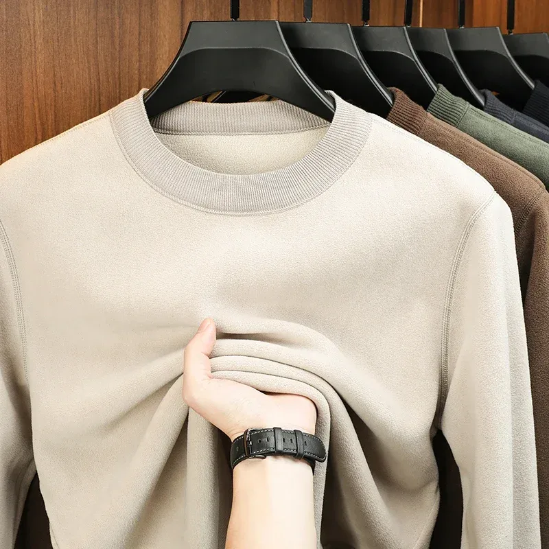 Autumn and Winter Men's Velvet Hoodie Long Sleeve Round Neck Solid Color Fashion Casual Versatile Top — image 6