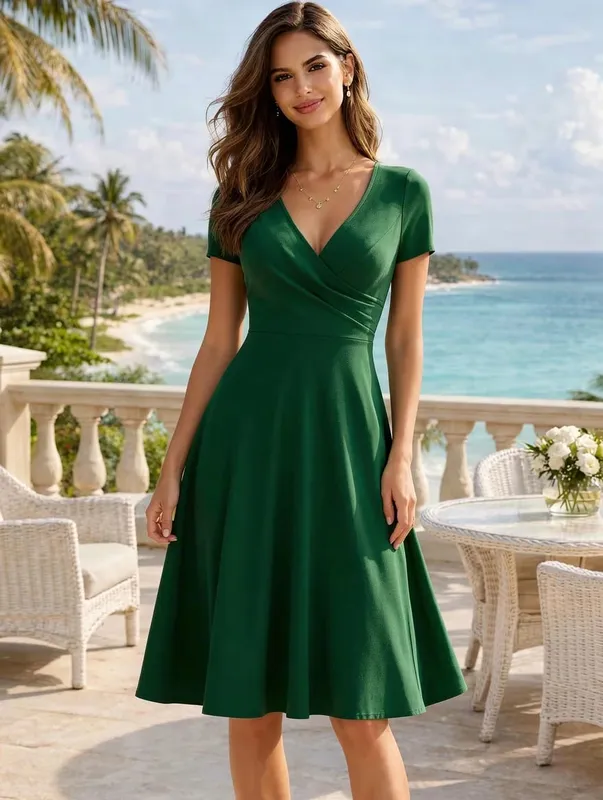 Women's Elegant Round Neck Summer Short Sleeve Solid A-Line Knee-length Dress High Waist Swagger Party Wedding Casual Departure — image 13