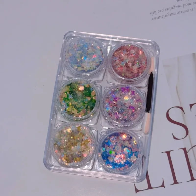 6 Teile/satz Sparkly Bunte Augen Glitter Gel Festival Glitter Gesicht Haar Pailletten Gel Creme Herz Stern Mond Pailletten