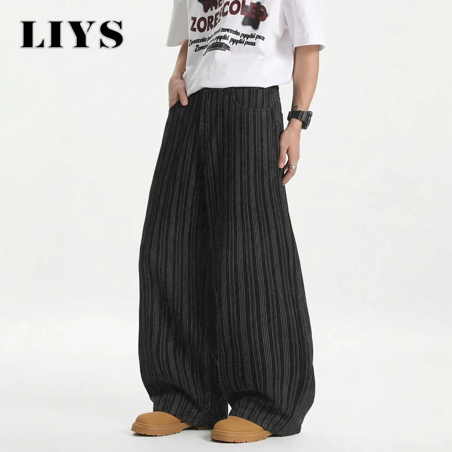 Men's Retro Vertical Stripe Jacquard Baggy Wide Leg Jeans Washed Denim Trousers Y2K Skater Hip Hop Streetwear Daily Casual — image 4
