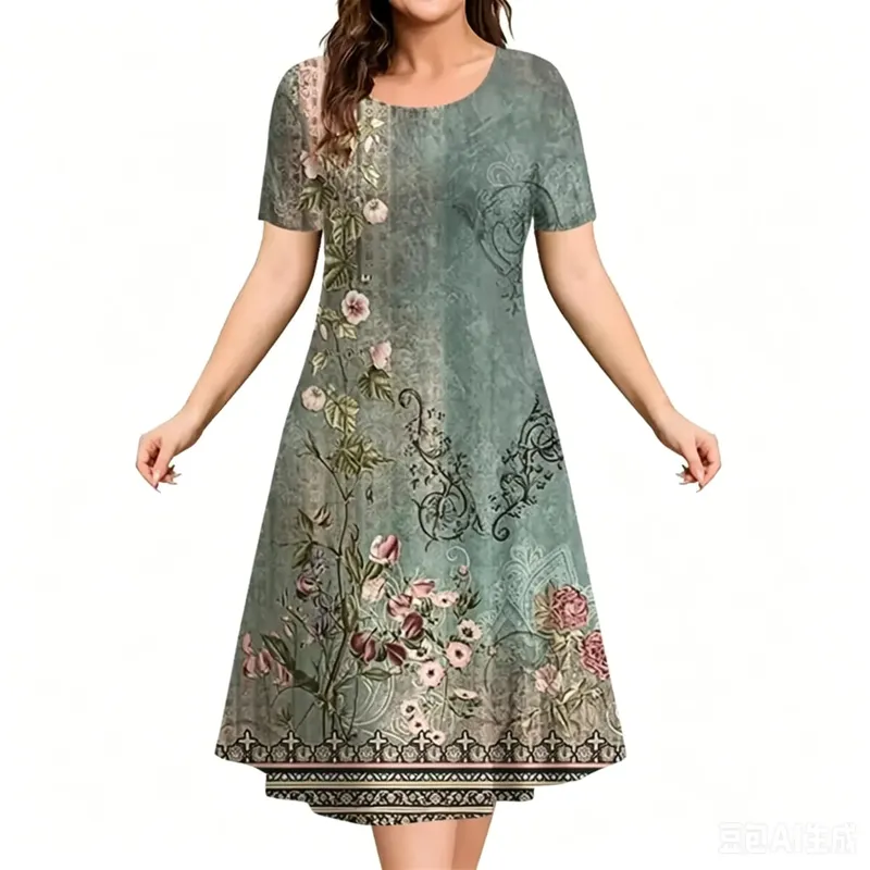 2026 New Women Dresses 3D Flowers Pattern Print Short Sleeve Loose Dress Casual Fashion A-Line Dress Summer Plus Size Dresses — image 3