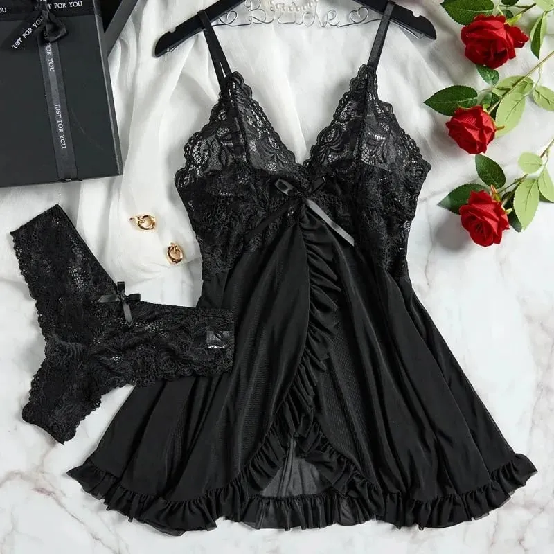 Women's Sexy Lace V-Neck Babydoll Lingerie Set 2 Piece Soft Nightdress with Panty Sleepwear for Honeymoon S-XL — image 8