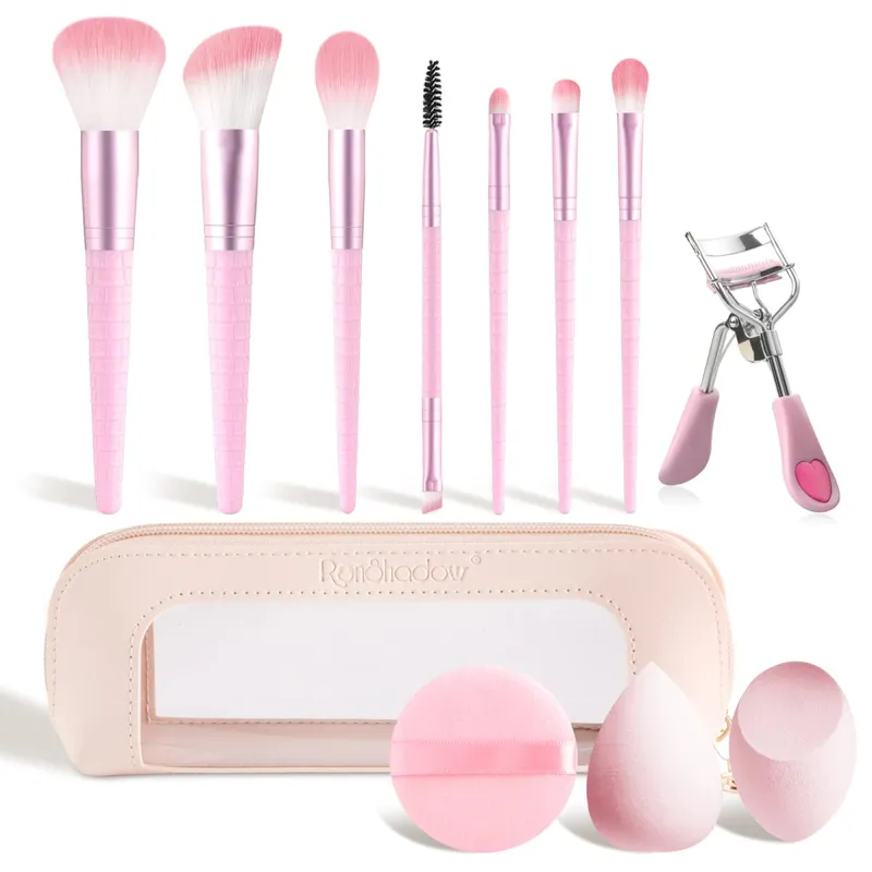 12Pcs Complete Makeup Tool Kit 7 Makeup Brushes 2 Beauty Sponges Eyelash Curler Powder Puff Storage Bag Full Cosmetic Set