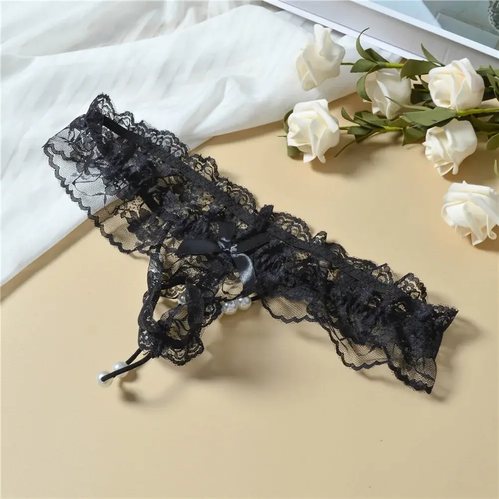 Men Lace T-Back Underwear Bow Elastic Waist G-String Pearl Lingeries For Man Sissy Panties Sexy Accessories Thongs Men's Panties — image 10