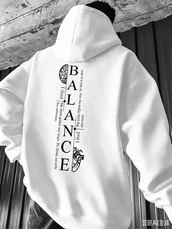 New Hoodie Men Balance Brain & Heart Vertical Text Print Pullover Sweatshirt Casual Street Style Autumn Winter Hooded Sweat Top — image 6