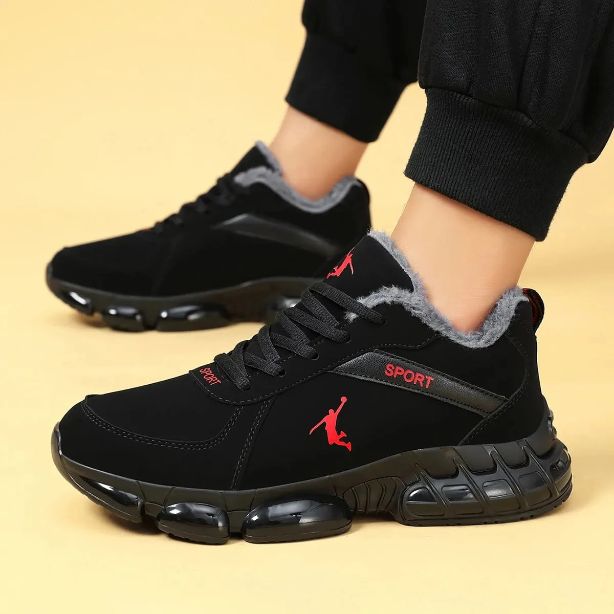 Men Winter Warm Plush Lined Sneakers Air Cushion Thick Sole Non‑Slip Lace‑Up Casual Sports Shoes Outdoor Walking Snow Shoes