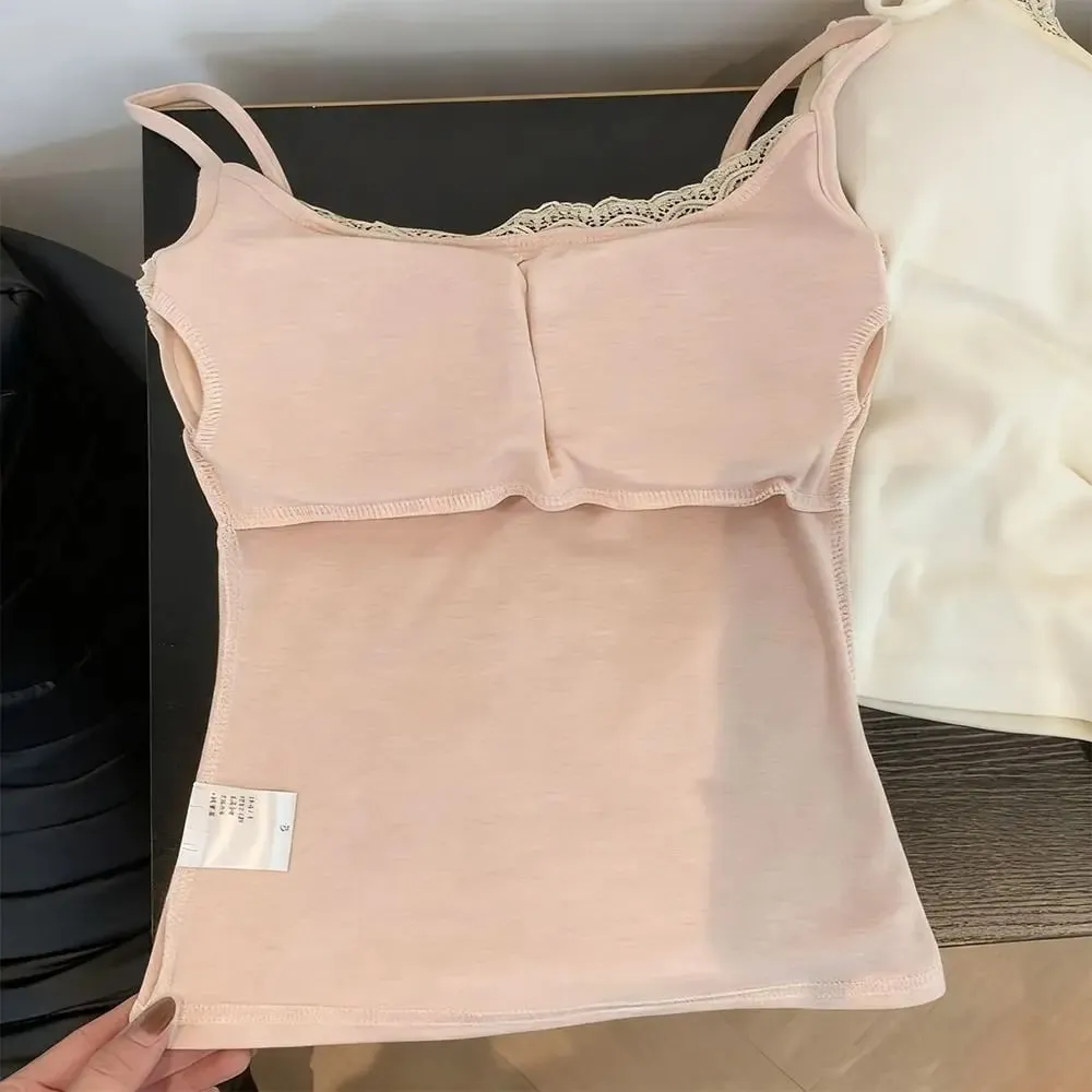 Fashion with Chest Pad Camis Tank Tops Integrated Top Versatile Lace Tops Elastic Slim Vest Women Clothes — image 5