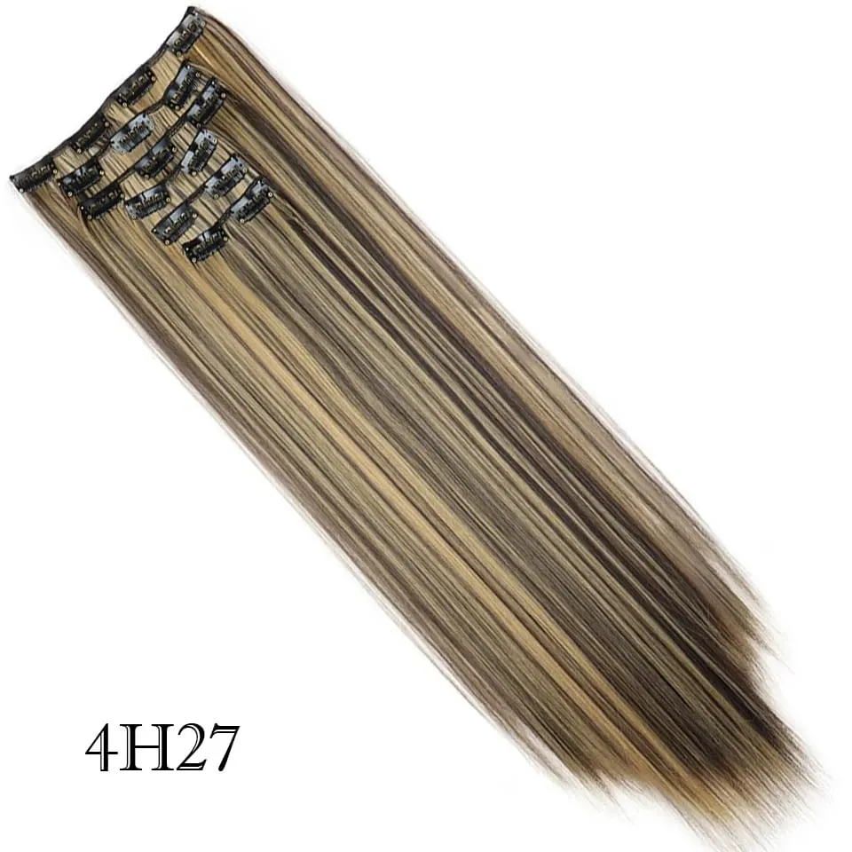 6Pcs/Set Clip In Hair Extension Synthetic Highlights Blonde Long Straight Hairpiece Full Head Thick Hairpieces for Women Girls — image 12