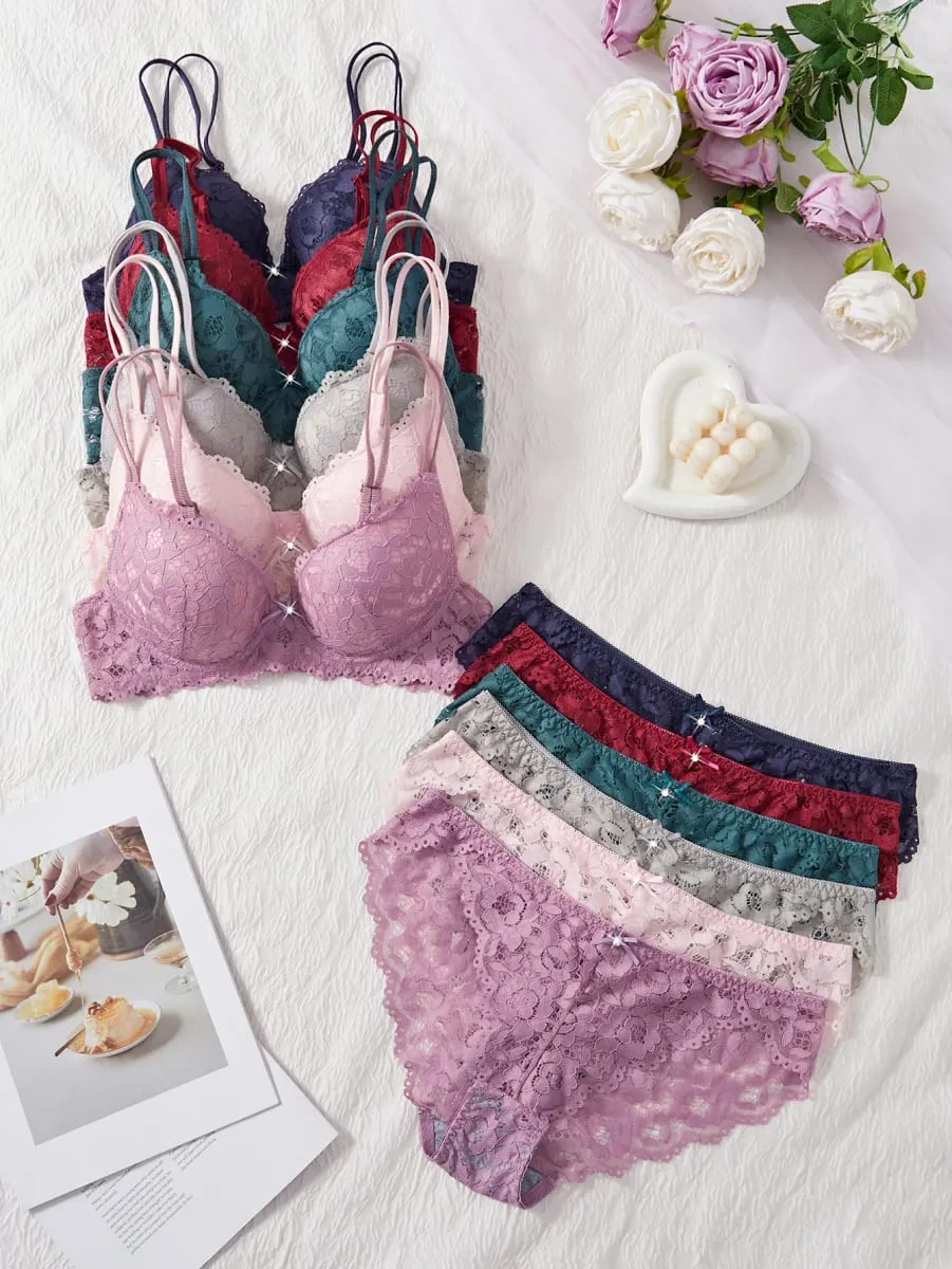 6-Piece Solid Women's Underwear Set Floral Lace Push Up Bra Sexy Hollow Out Panties Comfortable Lingerie Set — image 8