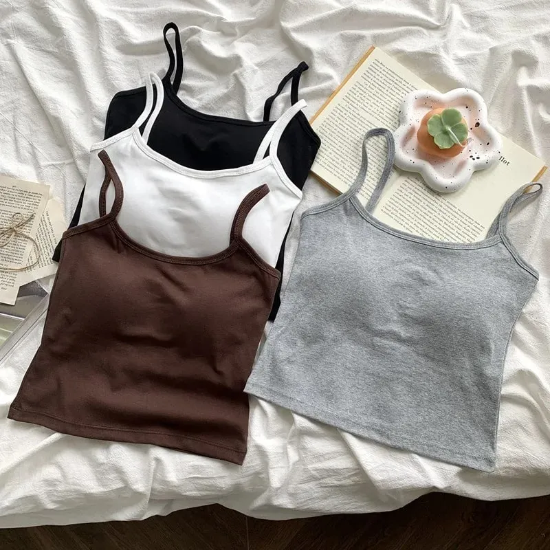 1PC Women's Solid Color Spaghetti Straps Sleeveless Slim Camisole With Chest Pad — image 3