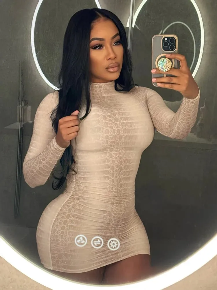 Weird Puss Hottie Snake Pattern Dress Women Winter Trend Full Sleeve Sexy Street Midnight Activity Stretch Skinny Mini Bodycon — image 2