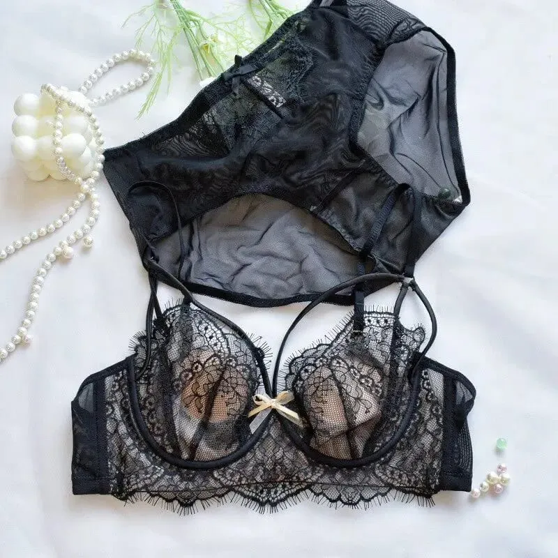 Korean Hot Trend Pure Desire Lace Bra Set Underwire Thin Cup Push Up Large Bust Visually Small Anti Droop Lingerie 32-38 Hot — image 11