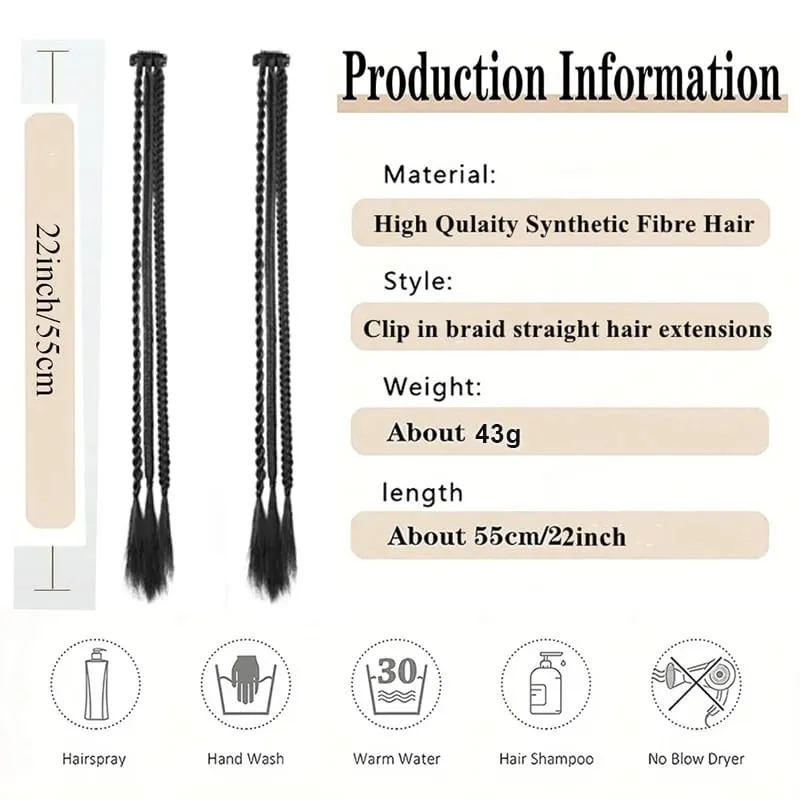 2Pcs Clip‑in Y2K Boxer Braid Ponytail One Clip Three Braids Long Synthetic Fake Hair Extensions For Women