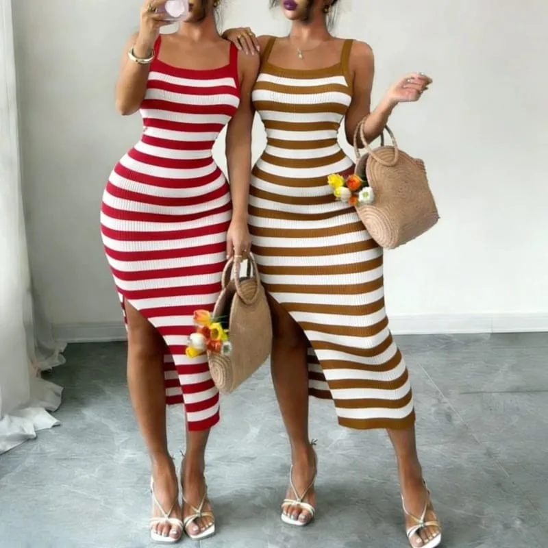 Red Black Striped Spaghetti Strap Maxi Dress Women's Stretchy Knit Bodycon Long Dress Sexy Summer Beach Party Dress Outfits — image 2