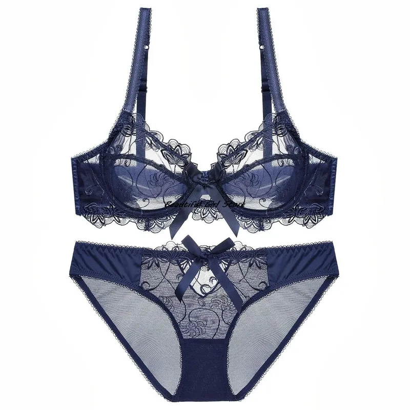 Lace Push Up Bra Set Breathable PantiesThin Mesh Cup Transparent Behalf Lingerie Bow Embroidery Flora Soutien Gorge — image 8