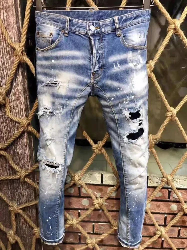 New Men's Ripped Jeans Distressed Elastic Slim Pencil Fit Denim Pants Paint Splatter Streetwear Y2K High Street Biker Trousers