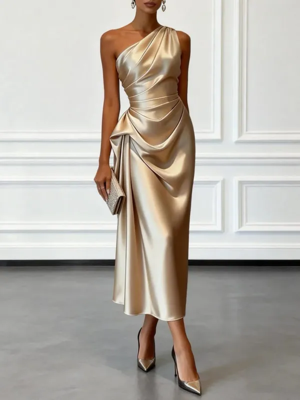 Elegantes One-Shoulder-Midikleid aus Satin mit Rüschen für eine formelle Abend-Cocktailparty — image 5