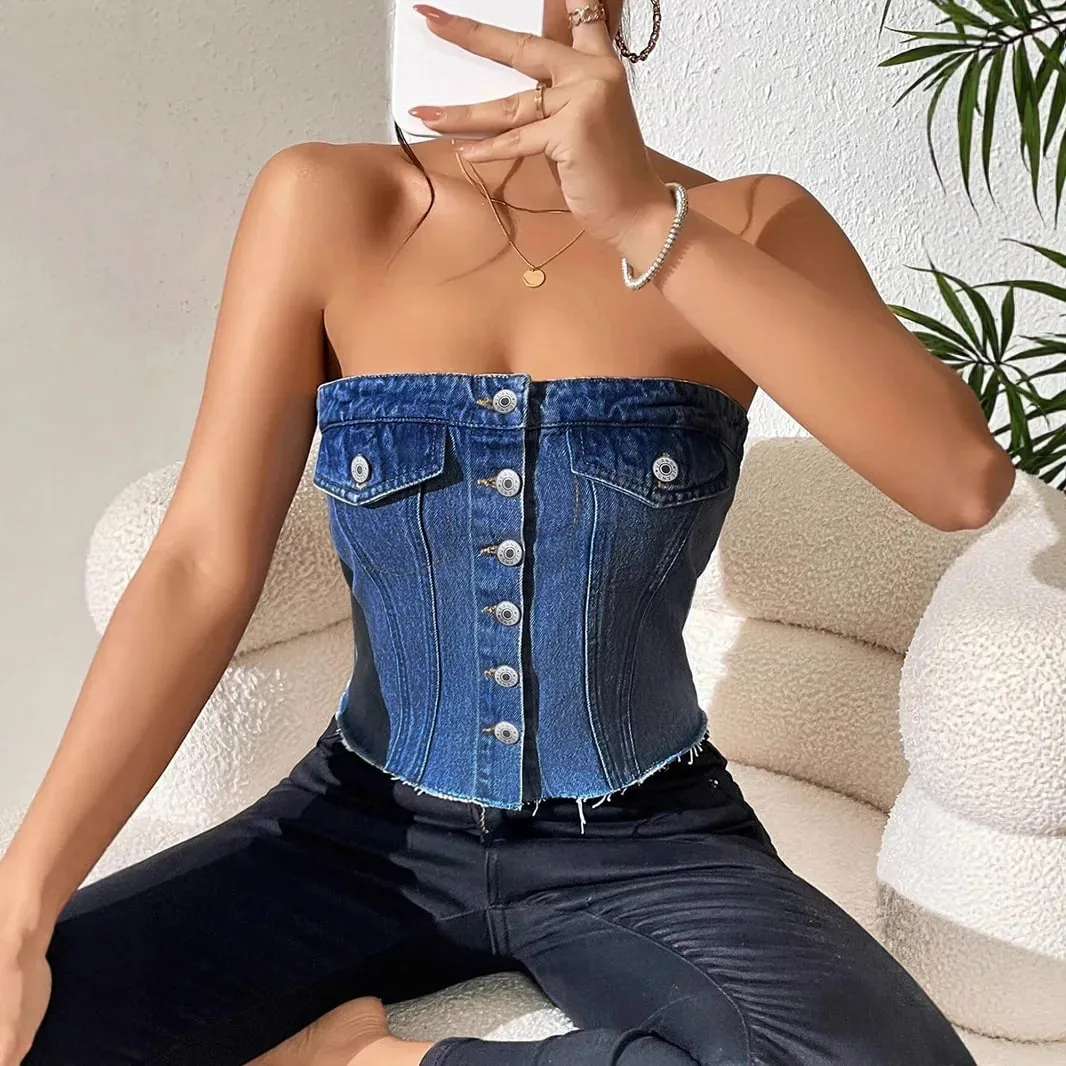 Denim Strapless Top Women Sleeveless Crop Tops Sexy Backless Single Breasted Washed Distressed Streetwear Y2k Camis Tanks Summer — image 3
