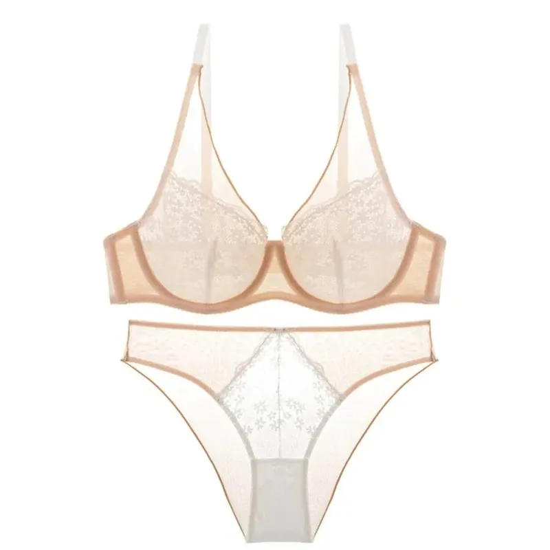 Sweet Mesh Lace Flower Bra Set Lingerie Brassiere Mesh Bra Panties Kit Thin Seamless Push Up Bra Women Lady — image 9