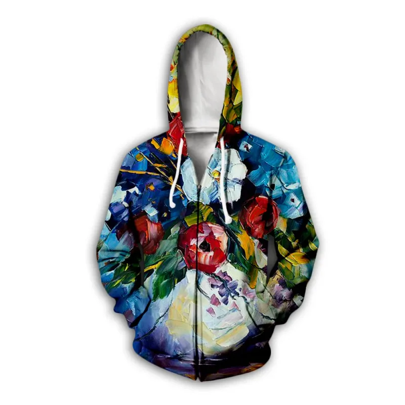 Flower Floral Pattern 3D Print Zipper Hoodies Men's Autumn Hooded Sweatshirts Oversized Streetwear Tracksuit Coat Man Clothing
