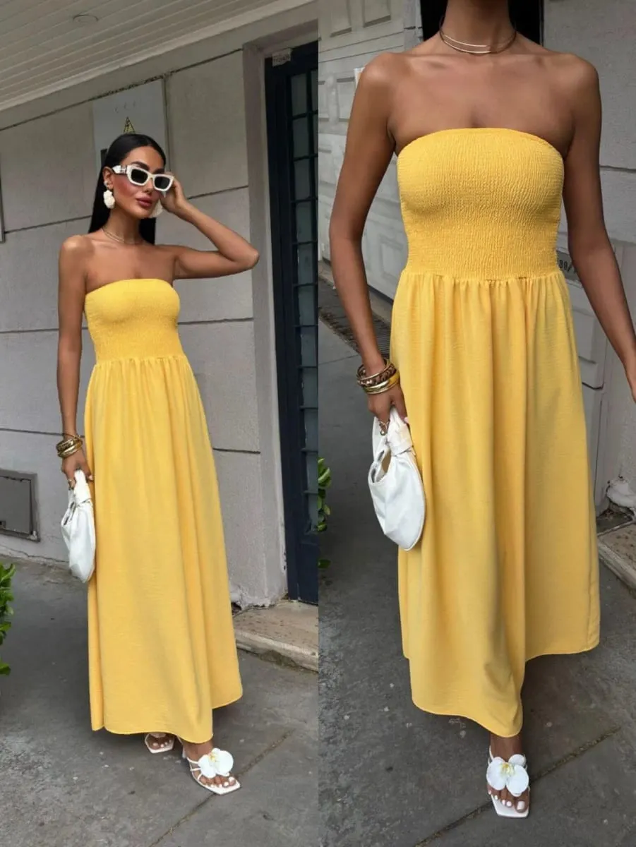2026 New Summer Fashion Solid Color Off-Shoulder Strapless Waist-Cinching Long Dress for Women — image 6