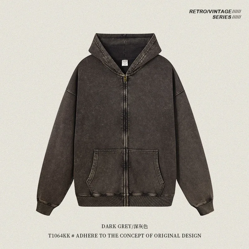 Retro Autumn Batik Washed Zipper Hoodie For Men Unisex Oversized Distressed 420gsm Terry 100% Cotton Hooded Coats HY0936 — image 24