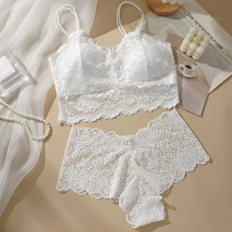 M-2XL Women Sexy Lace Bras Suit Hollow Out Flower Lace Underwear Sets Beautiful Back Tops Panties 2PCS Intimate Set